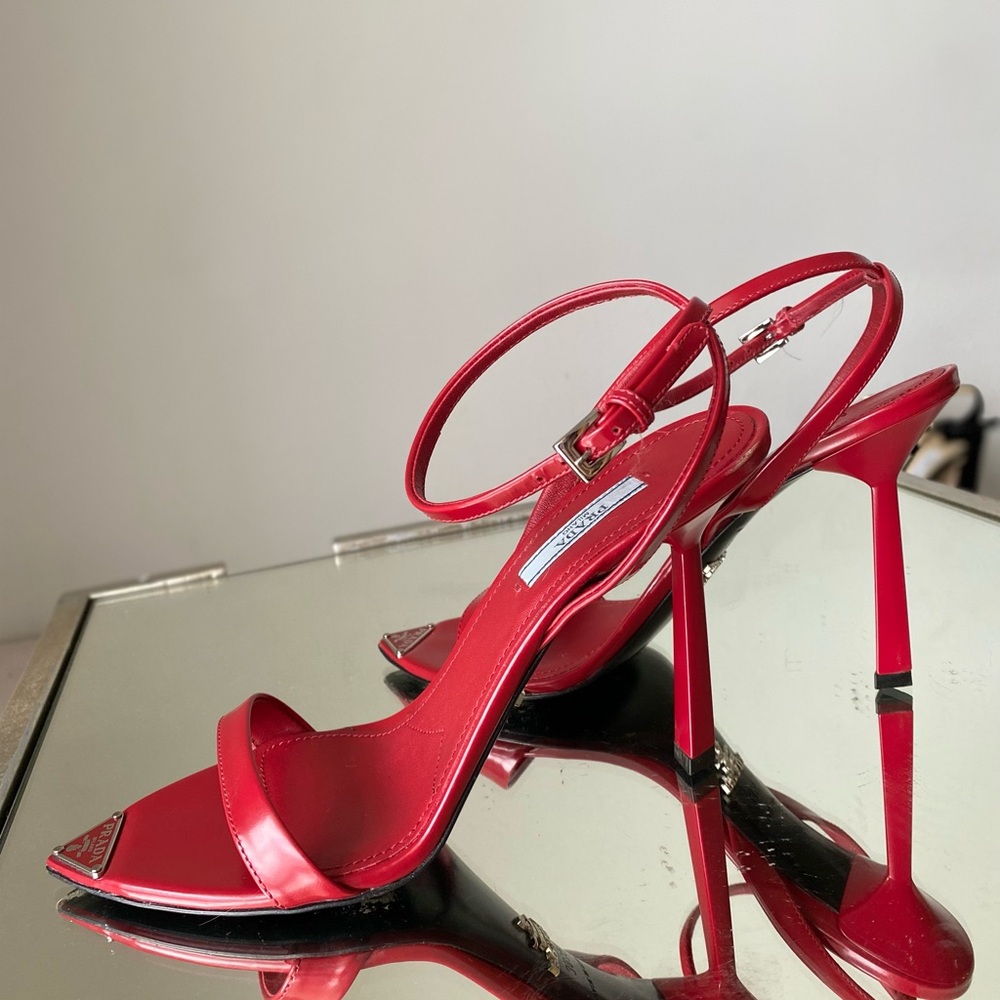 Prada Red Pointed Toe Ankle Strap Heels - Picture 10 of 12